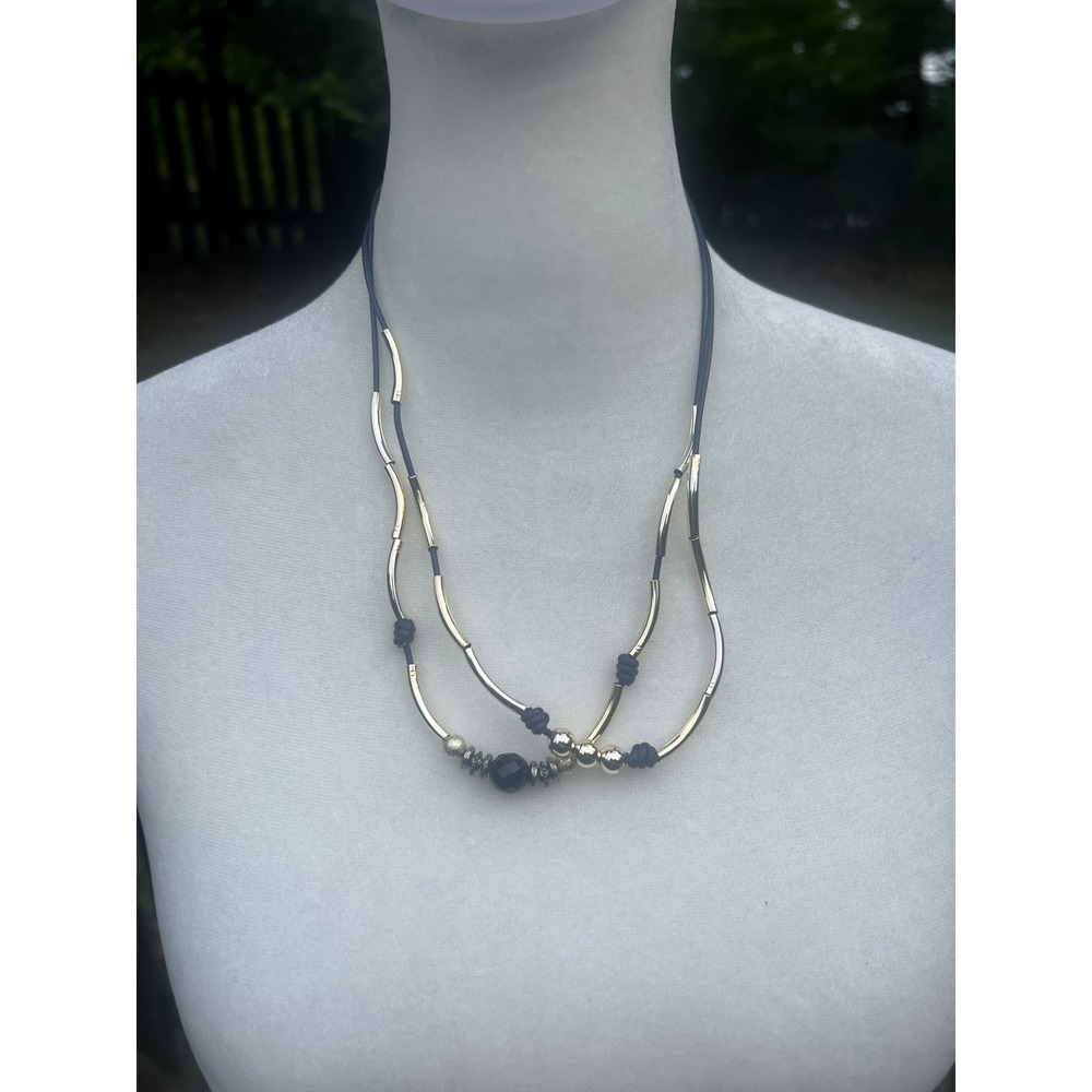 NWT Lizzi James Phoebe Necklace Navy Purple Leatherโ Silver Tone Double Strand